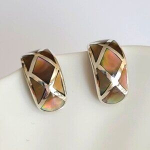 Vintage Chunky Sterling Silver Mosaic Abalone Shell Half Hoop Stud Earrings